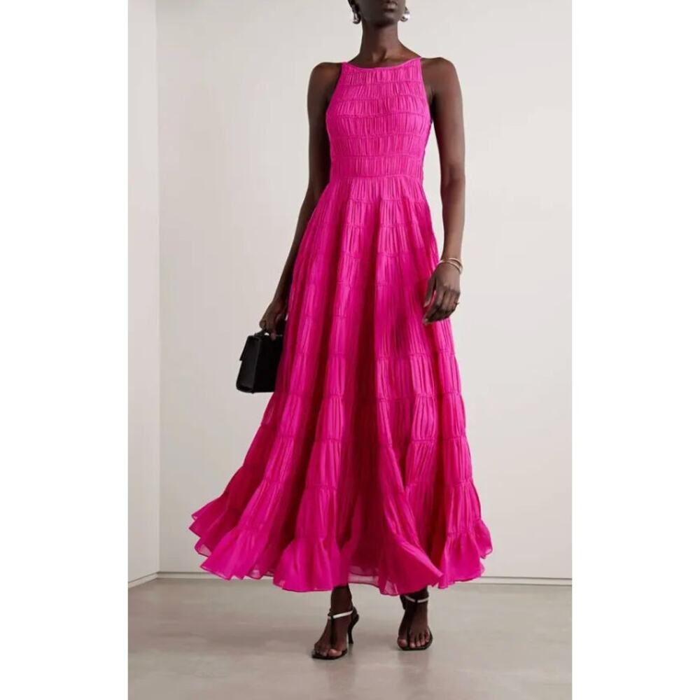 Aje Rosewood Tiered Shirred Ruffled Chiffon Gown Dress Pink Magenta size US 6